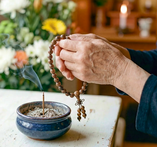 a person holding beads